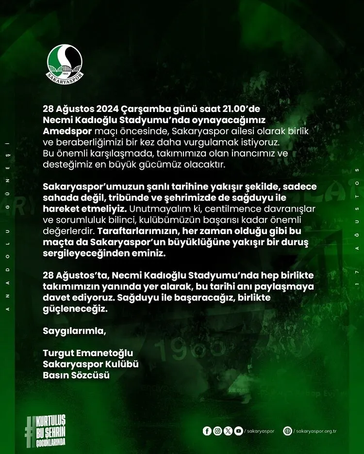 Sakaryaspordan Amedspor Aciklamasi