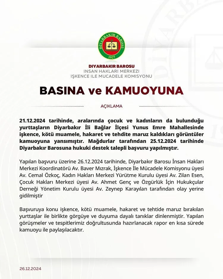 Diyarbakir Barosundan Baglardaki Kotu Muameleye Iliskin Aciklama