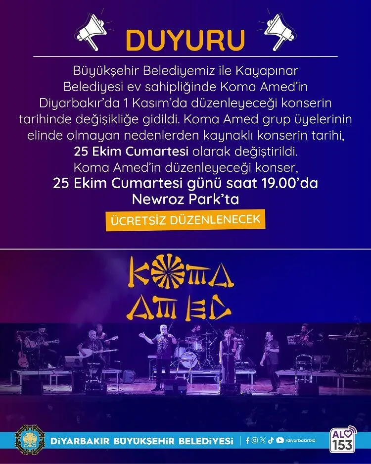 Diyarbakirda 1 Kasimda Gerceklestirilmesi Planlanan Koma Amed Konserinin Tarihi Degistirildi Buyuksehir Belediyesi Grubun Diyarbakir Konserine Iliskin Duyuru Yapti