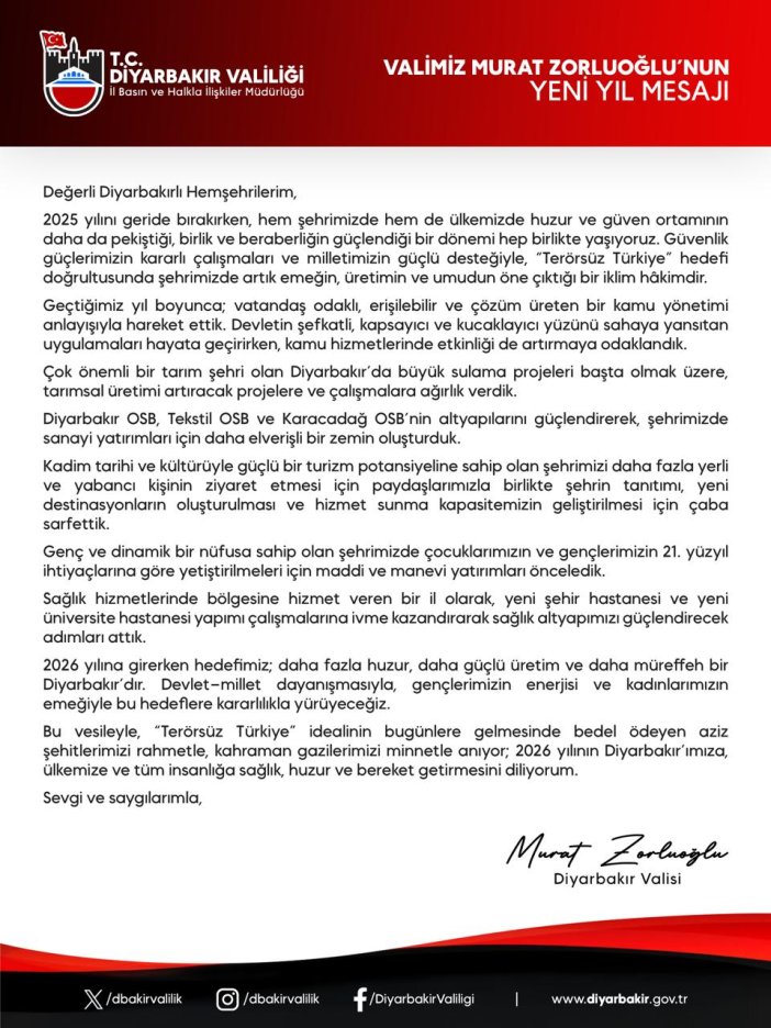 Diyarbakir Valisi Zorluoglundan Yeni Yil Mesaji 2